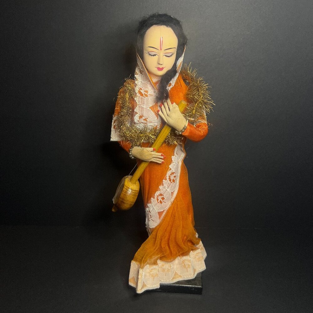 Vintage Handmade Wooden & Fabric Traditional Rajasthani Indian Doll w/ Sitar 13"